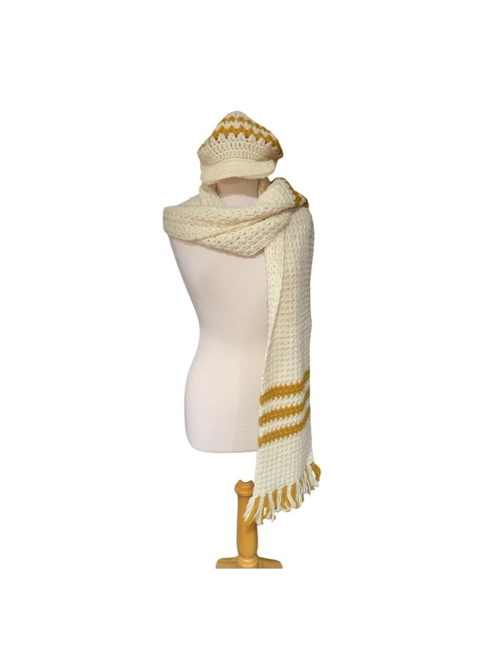 Vintage Cream and Gold Knit Scarf and Hat Set